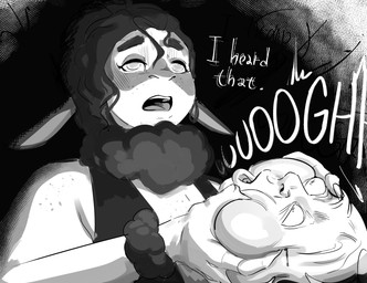 anthro blood bodily_fluids dialogue duo eyebrows eyelashes female hair head_grab open_mouth pupils text dreamy_pride eleanor_(ankuh) bovid caprine mammal sheep absurd_res hi_res monochrome