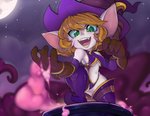 breasts clothed clothing cloud female fully_clothed green_eyes hair hat headgear headwear magic_user moon navel night not_furry open_mouth outside pupils short_stack slit_pupils solo star witch witch_hat bandlebro league_of_legends riot_games tencent bewitching_tristana_(lol) tristana_(lol) humanoid yordle