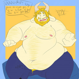 anthro beard belly big_belly blonde_hair bottomwear bulge burping clothing dialogue facial_hair fur hair horn male moobs nipples obese obese_male overweight overweight_male pants solo text white_body white_fur papaburry undertale_(series) asgore_dreemurr bovid caprine goat mammal english_text hi_res