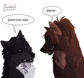 ambiguous/ambiguous ambiguous_gender banter black_body black_fur brown_body brown_fur duo eyewear feral feralized fur glasses mocking simple_background teasing white_background white_body white_fur ouivon attack_on_titan hange_zoe levi_ackerman canid canine canis mammal wolf 2013