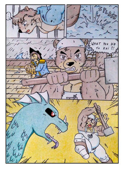 angry anthro attack attack_pose bandanna_on_head barazoku black_nose black_sclera blue_clothing blue_eyes blue_topwear border bottomwear brown_body brown_eyes brown_fur brown_hair bulge clothed clothing comic_panel dialogue falling fight fur glowing glowing_eyes hair hammer headgear headwear holding_object kerchief looking_at_viewer male manly multicolored_body multicolored_fur musclegut muscular muscular_anthro muscular_male onomatopoeia open_clothing open_mouth open_shirt open_topwear overweight pecs raining sea sharp_teeth ship shirt sound_effects speech_bubble splash splashing_water storm teal_body teeth text tools topwear vehicle water watercraft weapon white_border white_clothing wounded dashthefox mythology kai_(dash_fox) marteau aquatic aquatic_dragon bear dragon mammal mustelid mythological_creature mythological_scalie otter scalie suid suine sus_(pig) wild_boar absurd_res comic english_text hi_res traditional_media_(artwork)