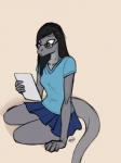 anthro biped black_hair bottomwear brown_eyes clothing eyebrows eyewear female glasses grey_body hair pleated_skirt shirt simple_background sitting skirt solo tail topwear ldr the_assistant dtella four-clawed_gecko gecko lizard reptile scalie 2014 3:4 digital_media_(artwork) hi_res