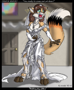 after_transformation anthro biped breasts church claws clothing dress ear_piercing fangs female footwear jewelry necklace open_mouth panicking paws piercing rip shoes solo tail teeth text torn_clothing transformation wedding black-rat canid canine fox mammal 2003 2004 english_text