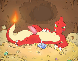 anus cave claws coin erection feral fire gem genitals green_eyes grin grinning_at_viewer looking_at_viewer lying male penis pose red_body smile smiling_at_viewer solo tapering_penis treasure_hoard fluorings nintendo pokemon charmeleon generation_1_pokemon pokemon_(species) absurd_res hi_res