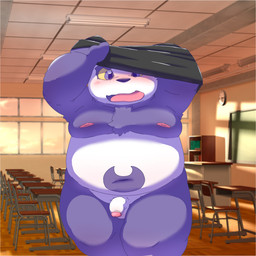 anthro balls belly blush classroom clothing flaccid foreskin genitals humanoid_genitalia humanoid_penis inside kemono male navel overweight overweight_male partially_retracted_foreskin penis purple_body school solo undressing white_body young young_anthro young_male ryuryutwins lifewonders tokyo_afterschool_summoners alp_(tas) bear giant_panda mammal 1:1 2022 hi_res