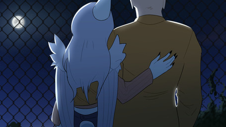 5_fingers aged_up anthro arm_around_waist back_wings black_nails bone_frill bottomwear clothing colored_nails crop_top denim denim_bottomwear denim_clothing duo feathered_wings feathers female fence fingers frill_(anatomy) furgonomic_bottomwear furgonomics game_cg grey_body grey_feathers grey_hair grey_scales hair hand_on_back human_on_anthro interspecies intimate jeans larger_human larger_male light long_hair male male/female moon moonlight nails night pants romantic romantic_couple scales sharp_nails shirt size_difference sky smaller_anthro smaller_female star starry_sky sweater tail tan_body tan_skin topwear wings cavemanon cavemanon_studios goodbye_volcano_high snoot_game anon_(snoot_game) fang_(gvh) human mammal prehistoric_species pterodactylus pterosaur reptile scalie 16:9 2020 digital_drawing_(artwork) digital_media_(artwork) half-length_portrait hi_res official_art portrait widescreen
