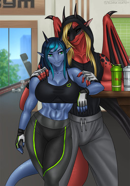 5_fingers abs anthro bangs behind_another beverage beverage_bottle biceps big_breasts black_body black_clothing black_eyes black_membrane black_nails black_scales black_sclera black_topwear black_wing_claws blonde_hair blue_body blue_hair blue_scales bottle bottomwear breasts claws clothed clothed_breasts clothing colored_nails container crop_top day detailed_background door dragon_wings dumbbell duo elbow_on_table female fingerless_gloves fingers front_view furniture gloves green_eyes gym hair hand_on_shoulder handwear happy heart_symbol hood horn humanoid_pointy_ears inside legwear long_hair long_nails long_pants looking_at_another male markings membrane_(anatomy) membranous_wings multicolored_body multicolored_hair multicolored_scales muscular muscular_anthro muscular_arms muscular_female muscular_male nails open_door pants plant pointy_ears pupils red_body red_scales romantic romantic_couple scales shaker_bottle shirt size_difference sky sleeveless_hoodie sleeveless_shirt slit_pupils smile spots spotted_markings standing standing_behind table tail text topwear tree weights window wing_claws wings wood wood_furniture wood_table eliana-asato mythology coman ena_(eliana) dragon mythological_creature mythological_scalie scalie 2023 digital_media_(artwork) english_text hi_res gynomorph_(lore)