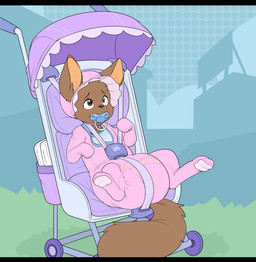 ambiguous_gender bib big_diaper blue_pacifier blush blush_lines bonnet brown_body brown_fur brown_nose brown_tail button_(fastener) clean_diaper clothed clothing detailed_background diaper diaper_under_clothing diaper_under_onesie feral fluffy fluffy_tail folded_diaper fur grass headgear headwear lying object_in_mouth on_back onesie orange_inner_ear pacifier pacifier_in_mouth pink_bonnet pink_onesie plant solo strapped_down stroller tail wearing_diaper white_diaper bubblepuppers andrew_(bodiasexual) canid canine mammal hi_res letterbox
