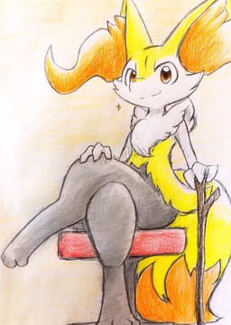 :3 ambiguous_anthro ambiguous_gender anthro big_tail biped closed_smile crossed_legs digitigrade dipstick_tail front_view furniture holding_object holding_stick looking_at_viewer markings mouth_closed simple_background smile snout solo stick stool tail tail_markings eiroru nintendo pokemon braixen canid generation_6_pokemon mammal pokemon_(species) 2019 colored_pencil_(artwork) graphite_(artwork) hi_res japanese_description traditional_media_(artwork) translated_description