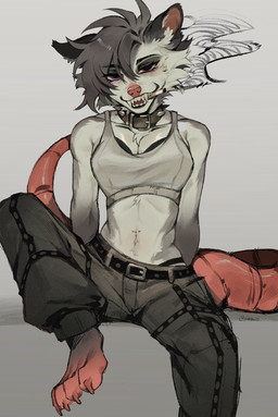 anthro bottomwear bra cheek_tuft chest_tuft cigarette cigarette_in_mouth cigarette_smoke clothed clothed_anthro clothed_female clothing collar crop_top eyelashes facial_tuft fangs female front_view fur grey_hair hair hairless_tail inner_ear_fluff long_eyelashes midriff navel navel_piercing object_in_mouth pants piercing sharp_teeth shirt smoke smoking smoking_cigarette solo sports_bra teeth thong_straps topwear tuft underwear white_body white_fur rwacid american_opossum mammal marsupial hi_res
