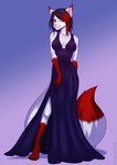 anthro breasts claws clothing dipstick_ears dipstick_tail dress ear_markings ears_up female fingers hair highlights_(coloring) humanoid_hands looking_at_viewer markings multicolored_ears paws pink_nose purple_clothing purple_dress red_ear_tips red_eyes red_hair red_highlights red_tail_tip smile smiling_at_viewer solo standing tail tail_markings sutamasque asavari_(bloodstarkittycat) domestic_cat felid feline felis mammal absurd_res hi_res