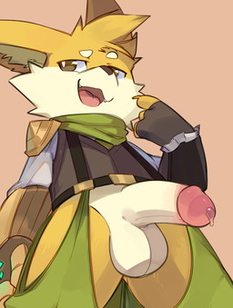 3_fingers accessory anthro balls biped bodily_fluids bottomwear brown_clothing brown_eyes brown_gloves brown_handwear brown_nose brown_topwear brown_vest cheek_tuft claws clothed clothed_anthro clothed_male clothing crotchless_bottomwear crotchless_clothing crotchless_pants dripping erection eyebrows facial_tuft fangs finger_claws fingerless_gloves fingers fur genital_fluids genitals glans glistening glistening_eyes gloves green_bottomwear green_clothing green_necktie green_pants green_scarf handwear humanoid_genitalia humanoid_penis inner_ear_fluff long_sleeve_shirt long_sleeves looking_aside male male_anthro mismatched_genitalia mismatched_humanoid_penis mismatched_penis multicolored_body multicolored_fur necktie no_underwear open_mouth orange_background pants penis pink_glans precum precum_drip scarf shirt simple_background solo standing suspenders teeth tongue tongue_out topwear tuft two_tone_body two_tone_fur undershirt vest white_balls white_body white_clothing white_eyebrows white_fur white_inner_ear_fluff white_penis white_shirt white_topwear yellow_body yellow_fur smite_(artist) league_of_legends riot_games tencent smite_(character) yordle 2026 digital_drawing_(artwork) digital_media_(artwork) hi_res adult_(lore)