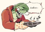 anthro burnt_food clothing cookie dialogue food green_body green_hair green_skin hair handwear hoodie male oven_mitts sharp_teeth solo teeth text topwear eyeseedee chris_(eyeseedee) lizard reptile scalie english_text