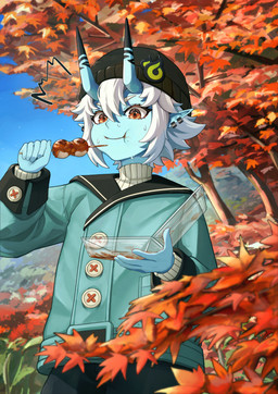 2_horns 5_fingers beanie blue_body blue_skin clothed clothed_female clothing ear_piercing ear_ring eating female fingers food fully_clothed fully_clothed_female hair hat headgear headwear horn humanoid_pointy_ears kebab outside piercing plant pointy_ears ring_piercing sky solo topwear tree white_hair regit_etihw asian_mythology east_asian_mythology japanese_mythology mihoyo mythology zenless_zone_zero soukaku demon humanoid oni yokai 2025 absurd_res hi_res