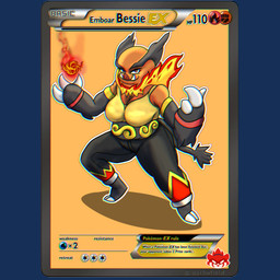 3_fingers anthro beckoning big_breasts black_bottomwear black_clothing black_pants bottomwear breasts clothing elemental_manipulation female fingers fire fire_manipulation flaming gesture hooved_fingers hooves logo orange_body pants pokemon_card_edit smile smiling_at_viewer smirk smirking_at_viewer solo tan_clothing tan_topwear text topwear tusks sinisterslyfox nintendo pokemon emboar generation_5_pokemon pokemon_(species) chromatic_aberration digital_drawing_(artwork) digital_media_(artwork) english_description english_text hi_res shaded soft_shading