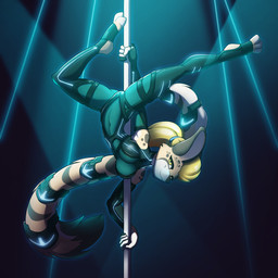 anthro blonde_hair clothed clothing dancing female hair navel_outline pole pole_dancing pupils slit_pupils solo stripper_pole unitard remarkably_average sonya_parvati_(remarkably_average) felid mammal 1:1 hi_res