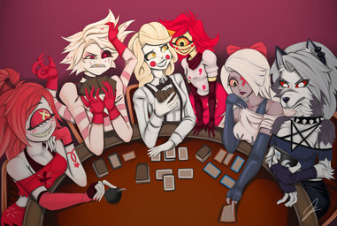 1_eye anthro blonde_hair breasts cellphone claws clothed clothing electronics fangs female fur grey_body grey_fur group hair holding_object jennobasilicum male multi_arm multi_limb multicolored_body multicolored_fur multicolored_hair open_mouth open_smile phone pink_body pink_fur pink_hair playing red_hair simple_background smartphone smile teeth two_tone_body two_tone_fur two_tone_hair white_body white_fur white_hair hazbin_hotel hellaverse helluva_boss mythology angel_dust charlie_morningstar cherri_bomb_(hazbin_hotel) loona_(helluva_boss) niffty_(hazbin_hotel) vaggi_(hazbin_hotel) angel arachnid arthropod canid canid_demon canine cyclops demon hellhound humanoid insect lepidopteran mammal moth mythological_canine mythological_creature spider