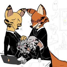 alcohol anthro beverage blush clothed clothing computer costume crossdressing drunk ear_markings electronics facial_markings female group hand_on_head hand_on_shoulder head_markings holidays laptop male markings necktie nuzzling substance_intoxication suit replytoanons disney halloween zootopia jack_savage judy_hopps nick_wilde skye_(zootopia) arctic_fox canid canine fox lagomorph leporid mammal rabbit red_fox true_fox 1:1 2016 monochrome