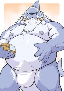 anthro asian_clothing belly blue_body blue_eyes blue_fur body_hair bulge clothing countershading east_asian_clothing fundoshi fur geometric_background gold_(metal) gradient_background happy_trail holding_belly holding_object japanese_clothing light looking_at_viewer male membrane_(anatomy) moobs multicolored_body nipples oke_(tub) orange_background overweight overweight_male shark_fin shark_tail simple_background solo standing tail towel tusks underwear webbed_hands white_body white_clothing nagisabus crave_saga jiubei_(crave_saga) aquatic mammal pinniped walrus 2026 colored digital_drawing_(artwork) digital_media_(artwork) hi_res lighting shaded