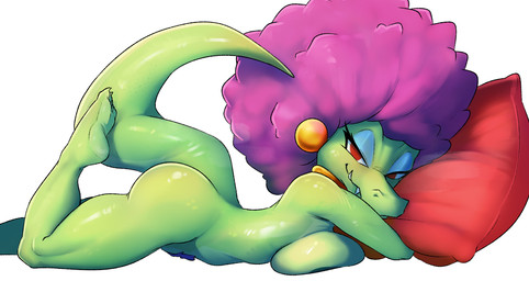 5_toes afro anthro areola bedroom_eyes bent_leg big_breasts breast_squish breasts butt claws closed_smile ear_piercing eyelashes eyeshadow fangs feet female female_anthro glistening glistening_body glistening_breasts glistening_butt glistening_tail glistening_thighs green_areola green_body green_breasts green_skin green_tail hair head_turned holding_object holding_pillow looking_at_viewer lying makeup monotone_body monotone_hair monotone_skin mouth_closed narrowed_eyes neck_ring no_pupils non-mammal_breasts nude nude_anthro nude_female on_front one_leg_up piercing pillow pubes purple_hair purple_pubes raised_leg red_eyes seductive sharp_teeth side_view simple_background smile smiling_at_viewer solo squish tail tapering_tail teeth thick_tail thick_thighs toe_claws toes white_background white_sclera 4chan_anon unknown_artist donkey_kong_(series) nintendo kalypso crocodilian kremling reptile scalie 2025 digital_media_(artwork) full-length_portrait hi_res portrait shaded