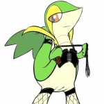 clothing corset dominatrix female feral fishnet_clothing genitals leather legwear lingerie pussy red_eyes simple_background solo stockings tail topwear whip white_background sildre nintendo pokemon generation_5_pokemon pokemon_(species) snivy 1:1