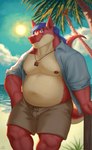 anthro beach belly blue_hair clothed clothing detailed_background front_view hair male nipples nude outside overweight overweight_male red_body relaxing sand scales seaside shirt sky slightly_chubby slightly_chubby_anthro slightly_chubby_male smile solo summer sun tail topwear water shibacream european_mythology mythology surokoida dragon mythological_creature mythological_scalie scalie western_dragon 2023 absurd_res digital_drawing_(artwork) digital_media_(artwork) hi_res