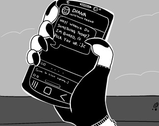 :3c alternative_fashion anthro claws clothing electronics fingerless_gloves gloves handwear male outside phone phone_screen punk ringing_phone solo text sinsquest sins_(sinsquest) bat mammal english_text greyscale monochrome andromorph_(lore) trans_(lore) trans_man_(lore)