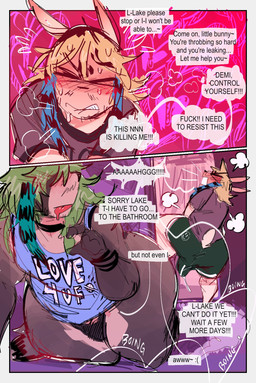 2_panel_comic anthro bite biting_lip blush blush_lines bodily_fluids choker clothing dialogue dripping erection erection_under_clothing eyes_closed fur genital_fluids green_hair grey_body grey_fur hair jewelry male markings multicolored_body multicolored_fur necklace precum precum_drip precum_string precum_through_clothing profanity raccoon_tail_hair shirt shortstack shortstack_male slightly_chubby slightly_chubby_anthro slightly_chubby_male speech_bubble striped_markings striped_tail stripes stubble t-shirt tail tail_markings tan_body tan_fur tank_top text thick_thighs tongue tongue_out topwear two_tone_body two_tone_fur wet wet_clothing wide_hips gat0pussy24 demi_(gat0pussy24) lake_(gat0pussy24) lagomorph leporid mammal procyonid rabbit raccoon comic english_text hi_res nonbinary_(lore)