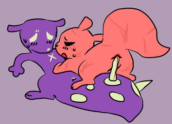 ambiguous_gender anal anal_penetration anus black_eyes blood blush blush_lines bodily_fluids duo female female/ambiguous female_on_top feral genitals melee_weapon object_in_ass on_top penetration polearm purple_body purple_tail red_body red_tail scar scars_all_over spear sweat tail tail_holes vulva weapon white_eyes artienvy rain_world videocult hunter_(rain_world) spearmaster_(rain_world) slugcat