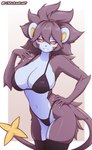 5_fingers anthro big_breasts biped black_body black_fur black_hair black_tail blue_body blue_fur bra breasts clothed clothed_anthro clothed_female clothing countershade_torso countershading female fingernails fingers front_view fur hair looking_at_viewer nails navel panties red_sclera simple_background solo standing tail teeth underwear yellow_eyes yorusagi nintendo pokemon generation_4_pokemon luxray pokemon_(species) 2025 digital_media_(artwork) hi_res