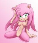 adjusting_hair aged_up anthro biped breasts clitoris eyelashes female genitals gradient_background green_eyes hair hand_on_head kneeling long_hair navel nipples nude pink_background pose pussy simple_background smile solo corescorner sega sonic_the_hedgehog_(series) amy_rose eulipotyphlan hedgehog mammal hi_res