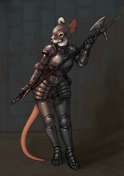 anthro armor axe belt belt_pouch biped chainmail clothing couter cuirass cuisse digitigrade fantasy female full_armor fur furgonomics gauntlets gloves greaves handwear headgear helmet holding_melee_weapon holding_object holding_polearm holding_weapon knight melee_weapon mercenary pauldron plate_armor polearm poleaxe poleyn red_eyes sabatons simple_background solo standing tail vambrace warrior weapon whiskers white_body white_fur flintchips mammal murid murine rat rodent absurd_res digital_media_(artwork) hi_res shaded