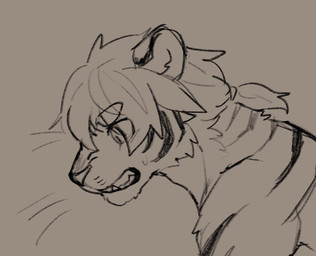 angry anthro bodily_fluids cheek_tuft eyebrow_through_hair eyebrows facial_tuft fur hair male ponytail short_hair side_view simple_background solo striped_body striped_fur stripes sweat teeth translucent translucent_hair tuft unsigned wide_eyed asnnonaka zach_(asnnonaka) felid mammal pantherine tiger
