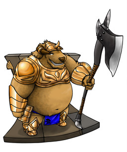 anthro armor asian_clothing axe belly brown_body brown_fur clothing east_asian_clothing fundoshi fur japanese_clothing kemono male melee_weapon navel overweight overweight_anthro overweight_male solo underwear weapon ao_(pixiv_145813) european_mythology greek_mythology mythology bear bovid bovine mammal minotaur 2020