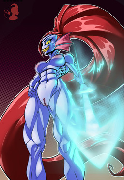 abs breasts female genitals hair halftone_background long_hair looking_at_viewer low-angle_view muscular muscular_female muscular_humanoid pattern_background red_hair simple_background smile solo thick_thighs vulva wide_hips verakultura undertale undertale_(series) undyne animal_humanoid aquatic aquatic_humanoid fish fish_humanoid humanoid absurd_res halftone hi_res