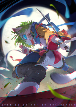 5_fingers action_pose anthro barefoot black_wraps blue_bottomwear blue_clothing blue_eyes blue_scarf bottomwear claws clothed clothing digitigrade feet finger_claws fingers full_moon fur green_hair hair holding_melee_weapon holding_object holding_sword holding_weapon kemono leg_wraps low-angle_view male melee_weapon moon mouth_hold night ninja on_roof pawpads pink_clothing pink_pawpads pink_underwear pose scarf solo sword tail text toe_claws topwear underwear warrior weapon white_body white_fur white_sclera wraps wristband yellow_clothing yellow_topwear chiayeeee domestic_cat felid feline felis mammal 2023 absurd_res chromatic_aberration digital_drawing_(artwork) digital_media_(artwork) english_text full-length_portrait hi_res portrait signature