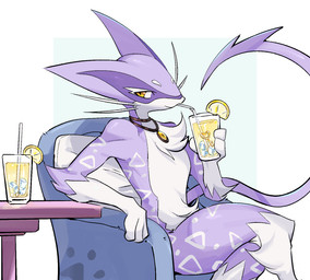 ambiguous_gender anthro beverage fur furniture jewelry key necklace paws pink_body pink_fur sofa solo spots tail white_body white_fur yellow_eyes laiweitui nintendo pokemon yemao_(kianyemao) generation_5_pokemon liepard pokemon_(species) hi_res