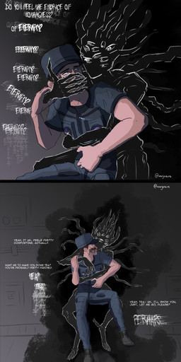 arm_grab astronaut boots clothing coveralls covering covering_mouth dialogue digitigrade duo eye_contact female floating footwear green_eyes hat headgear headwear hug hugging_another hugging_from_behind looking_at_another male male/female multi_eye multi_limb not_furry shoes simple_background space_station text uniform warjenkins nasa eldritch_being eldritch_humanoid human humanoid mammal 2025 absurd_res comic english_text hi_res signature