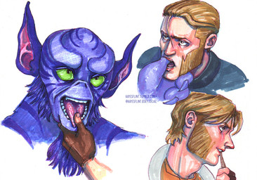 beard blonde_hair duo facial_hair finger_in_mouth fur green_eyes hair male pointy_ears purple_body purple_fur text tongue hayesflint star_wars star_wars_rebels alexsandr_kallus garazeb_orrelios alien human humanoid lasat mammal url