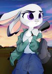 anthro bandage bottomwear clothed clothing cloud detailed_background female fully_clothed fur grey_body grey_fur long_ears outside pants purple_eyes shirt sky solo tank_top topwear white_body white_fur bubblecop disney zootopia judy_hopps lagomorph leporid mammal rabbit hi_res signature