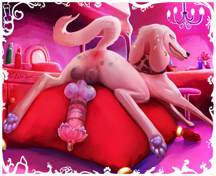 anus anus_focus aroused balls big_penis border chandelier directional_arrow erection fangs feral flower fur genital_piercing genitals grinding humping jewelry kiss_mark kissing knot knot_root knotted_penis lipstick lipstick_on_penis lipstick_ring makeup male masturbation pawpads paws penis penis_kissing penis_piercing piercing pillow pillow_humping plant prince_albert_piercing prone_masturbation red_eyes ring ring_piercing smile solo tail tail_motion tailwag teeth unusual_anatomy unusual_genitalia unusual_penis white_body white_border white_fur 3rn14 canid canine canis domestic_dog mammal absurd_res hi_res