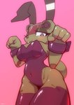 4_fingers anthro big_breasts breasts buckteeth clothing female fingers green_body leotard machine navel pink_background purple_clothing purple_leotard simple_background smile solo teeth sat_v12 ah-64_apache lagomorph leporid mammal rabbit robot 2023 hi_res