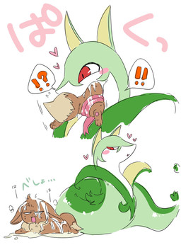 ambiguous_gender black_nose blush bodily_fluids brown_body brown_fur duo exclamation_point feral fur green_body green_skin heart_symbol interrobang oral_vore plant plant_pred red_eyes saliva simple_background smile swallowing text tongue tongue_out vore 黒川啓太郎 nintendo pokemon eevee elemental_creature flora_fauna generation_1_pokemon generation_5_pokemon mammal pokemon_(species) reptile scalie serperior hi_res japanese_text translated