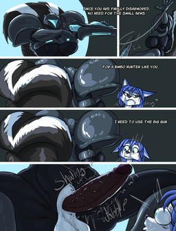 anthro dialogue duo erection female genitals gynomorph gynomorph/female intersex intersex/female penis text thebigbadwolf01 nintendo star_fox dark_samus krystal_(star_fox) canid canine fox mammal mephitid skunk absurd_res comic english_text hi_res