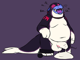 anthro biped blue_body blue_skin bodily_fluids bodysuit clothing collar condom_suit ear_piercing ear_ring ear_tag ejaculation erection fish_tail forked_tongue genitals hands-free hypnotic_visor latex latex_clothing latex_skinsuit male moan moobs mouth_scar numbered_tag orgasm overweight overweight_anthro overweight_male penis piercing purple_tongue ring_piercing shock_collar skinsuit smile solo tail text text_on_clothing tight_clothing tongue tusks vibrating vibrating_penis hypnosnack bub_(hypnosnack) alien digital_media_(artwork)