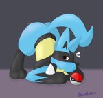 3_toes ambiguous_gender anthro ass_up black_body black_fur blue_body blue_fur butt feet fur jack-o'_pose pokeball pose raised_tail red_eyes simple_background solo tail toes yellow_body yellow_fur aurapuparts nintendo pokemon canid canine generation_4_pokemon lucario mammal pokemon_(species) hi_res