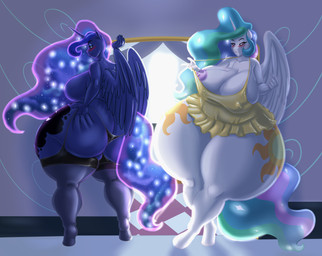 anthro areola big_breasts big_butt biped blue_body breasts butt clothed clothing duo eyelashes female hair horn huge_butt legwear looking_at_viewer looking_back multicolored_hair nipples pupils smile thick_thighs thong topless underwear white_body wings yellow_clothing blues64 marauder6272 friendship_is_magic hasbro my_little_pony mythology princess_celestia_(mlp) princess_luna_(mlp) equid equine mammal mythological_creature mythological_equine winged_unicorn hi_res sibling_(lore) sister_(lore) sisters_(lore)