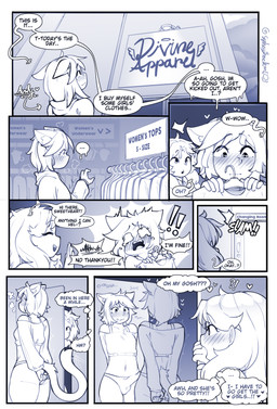 ambiguous_gender belly big_ears blush blush_lines bodily_fluids bra bulge clothed clothing crossdressing crying dialogue duo female heart_eyes heart_symbol hoodie inner_ear_fluff male mall mirror navel nervous peeking_around_corner shopping sneaking speech_bubble store tail tears tears_of_joy text topwear tuft underwear sydneysnack animal_humanoid cat_humanoid felid felid_humanoid feline feline_humanoid human humanoid mammal mammal_humanoid absurd_res comic cover cover_art cover_page english_text hi_res trans_(lore) trans_woman_(lore)