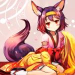 accessory asian_clothing clothed clothing east_asian_clothing female footwear hair hair_accessory hairband japanese_clothing legwear looking_at_viewer orange_eyes purple_hair ribbons sandals shoes short_hair sitting socks solo tabi_socks wariza zori sakura_ani no_game_no_life hatsuse_izuna animal_humanoid humanoid mammal 1:1 hi_res