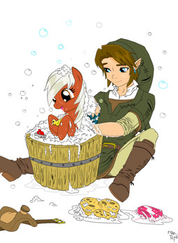 bath bathtub blue_eyes brown_eyes brown_hair bubble clothing cutie_mark daww duo female feral hair hat headgear headwear male rubber_duck saddle ship soap sponge vehicle water watercraft white_hair amostheartman hasbro my_little_pony nintendo the_legend_of_zelda epona_(tloz) link equid equine horse humanoid hylian mammal pony 2013 absurd_res crossover digital_drawing_(artwork) digital_media_(artwork) hi_res